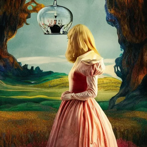 Prompt: Elle Fanning in the painted world of Alice in Wonderland, head and shoulders masterpiece, apocalypse, golden hour, cosmic horror, artstation, in the style of Andrew Wyeth and Edward Hopper and Bosch, extremely detailed