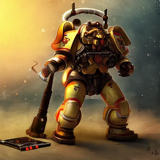 Image similar to anthropomorphic shiba inu, wearing warhammer 4 0 k strongest black exoskeleton power armor without helmet, holding sci - fi laser gatling gun, post apocalyptic sci - fi background