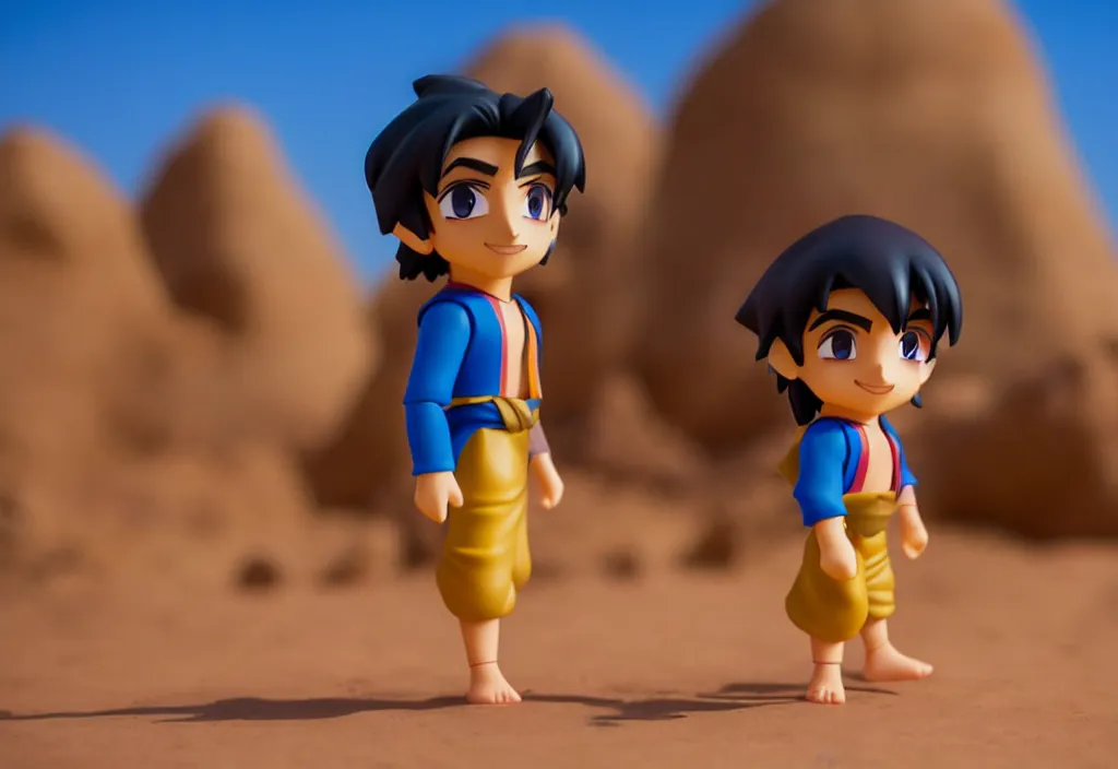 Image similar to side view of young aladdin as nendoroid walking in a desert village, 8 k, hd, dof, kodak film,