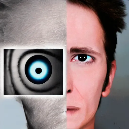 Image similar to with one normal eye and one cybernetic eye,