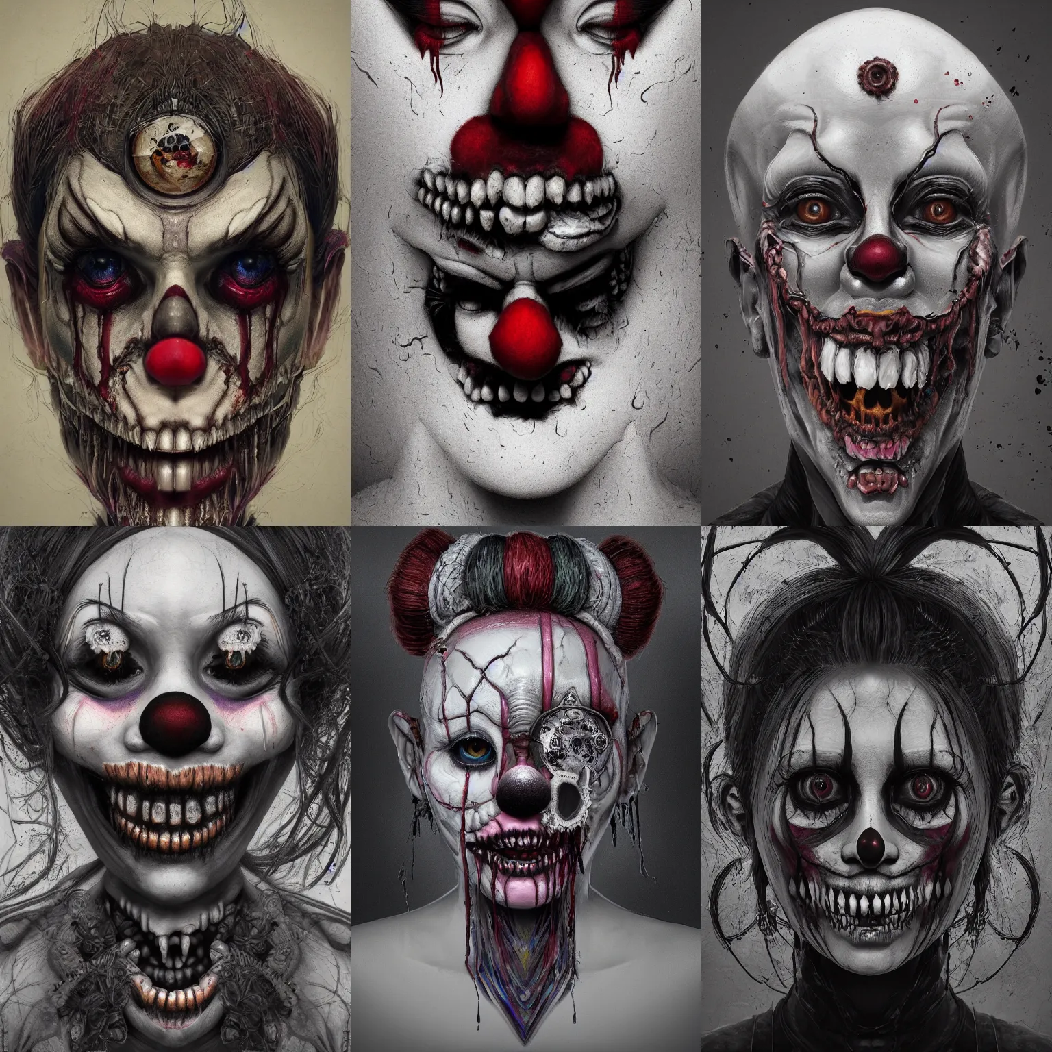 Image similar to portrait of a creepy girl clown skull. intricate abstract. intricate artwork. nightmare fuel. terrifying. by Tooth Wu, wlop, beeple, dan mumford. octane render, trending on artstation, greg rutkowski very coherent symmetrical artwork. cinematic, hyper realism, high detail, octane render, 8k, iridescent accents, black and white