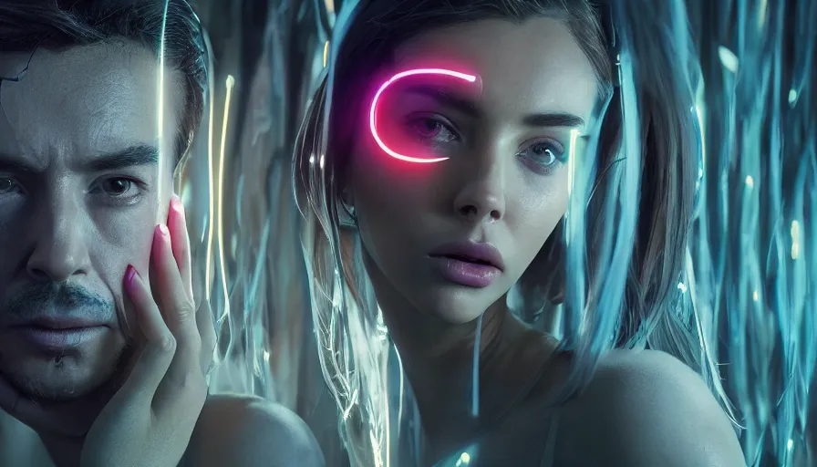 Image similar to intimacy, altered carbon, highly detailed surreal vfx portrait of a robot android, ana de armas, madison beer, stephen bliss, unreal engine, greg rutkowski, loish, rhads, beeple, makoto shinkai and lois van baarle, ilya kuvshinov, rossdraws, tom bagshaw, global illumination, detailed and intricate environment