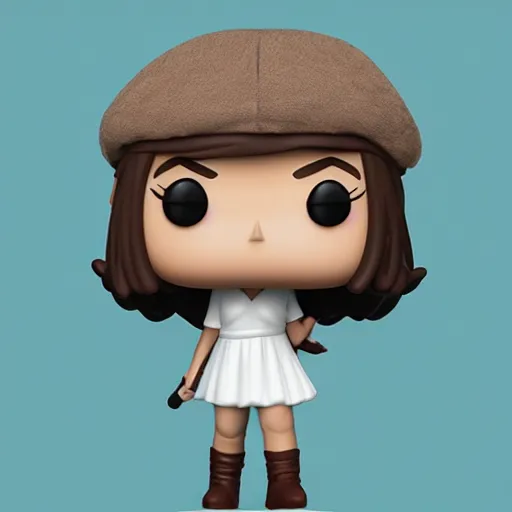 Image similar to Elmiira; funko pop of girl with short brown hairm, wearing a beret; white shirt; funko pop