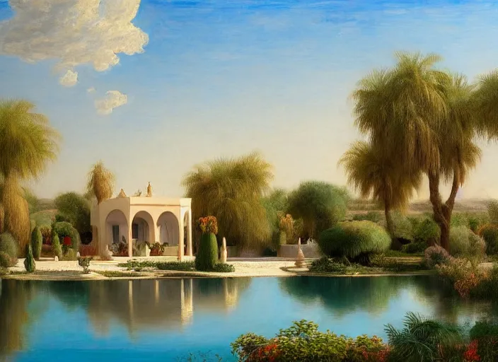 Image similar to A beautiful ultra-detailed painting of a garden villa with a lake in the middle of the arabic desert with a blue sky by Ludwig Deutsch, Trending on Artstation