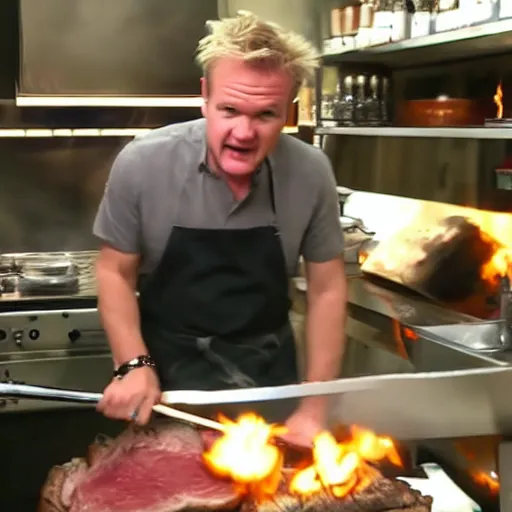 Prompt: Camcorder footage of Gordon Ramsey grilling a steak in the distance, In the Backrooms (found footage)