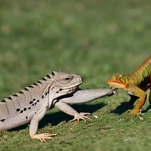 Prompt: a lizard fighting a turkey