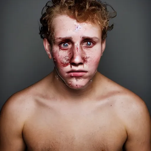 Prompt: a caucasian man with the most acne in the world. acne on face, acne on body, huge zits all over body, desperate, depression, dark mood, hate life