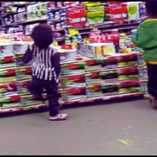 Prompt: security camera footage of kids stealing a pack of oreos from the market. another kid is trying to steal a ketchup while another one is stealing mustard.