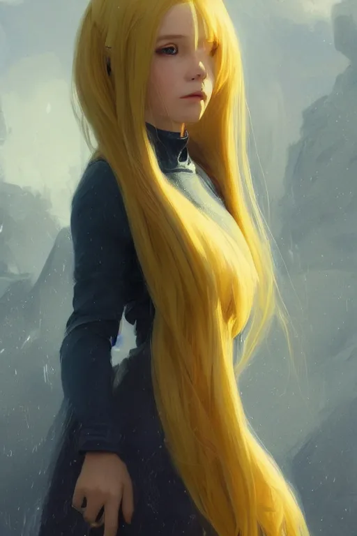 Image similar to girl wizard with long yellow hair wearing a dress, character art, by artgerm, by jeremy lipking, by greg rutkowski, anime style, digital art, fantasy art, octane render, drawing, beautiful girl, highly detailed face