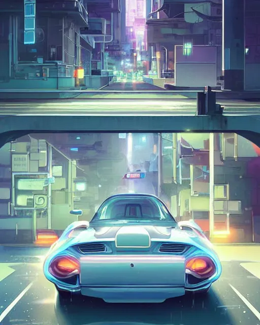 Prompt: a car driving down a street under a bridge, an album cover by hiroshi nagai and by andree wallin and by jordan grimmer, cgsociety, altermodern, anime aesthetic, official art, cinematic