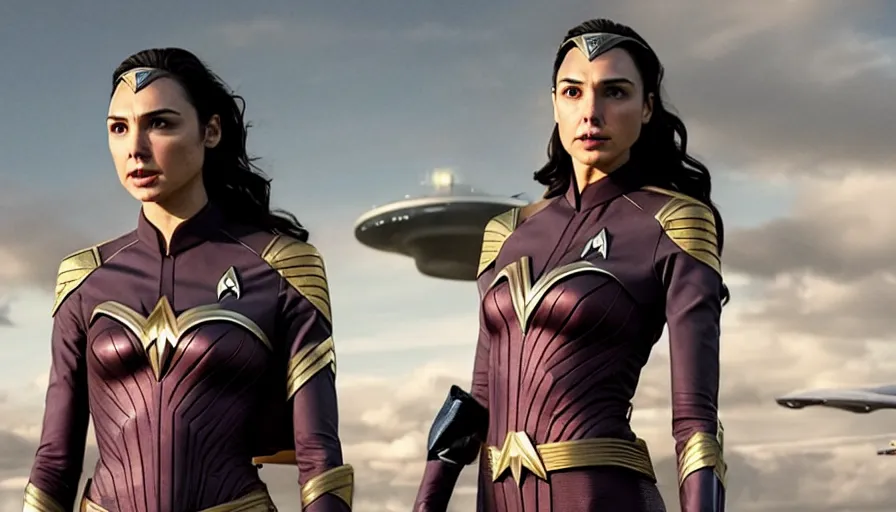 Image similar to Gal Gadot, in full starfleet uniform, is the captain of the starship Enterprise in the new Star Trek movie