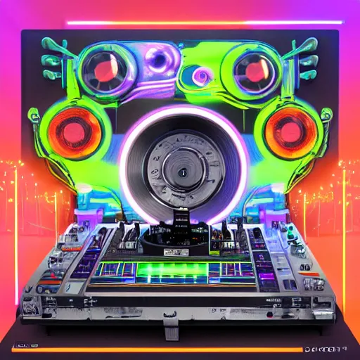 Image similar to album art for a famous dj, the album is called r. o. b. o. r. o. c. k. 3 dieselpunk robot heads with robot arms on a dj desk with a cd mixer, 8 k, fluorescent colors, halluzinogenic, multicolored, exaggerated detailed, front shot, 3 d render, octane