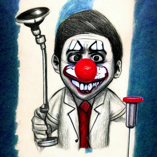 Image similar to a drawing of a clown with a stethoscope and wearing bloodied surgical scrubs, a character portrait by david firth, trending on deviantart, neoplasticism, freakshow, macabre