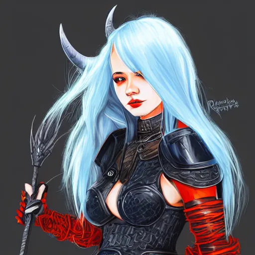 Image similar to illustrated realistic portrait female ram-horned kobold blue hair with black evil devil eyes wearing leather armor by rossdraws