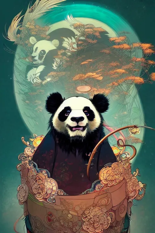 Image similar to a beautiful hyperdetailed character design of a cute panda with a chinese lion dance head victo ngai cyberpunk style, from china, style of studio ghibli, makoto shinkai, raphael lacoste, louis comfort tiffany, artgerm, james jean, ross tran, chinese style