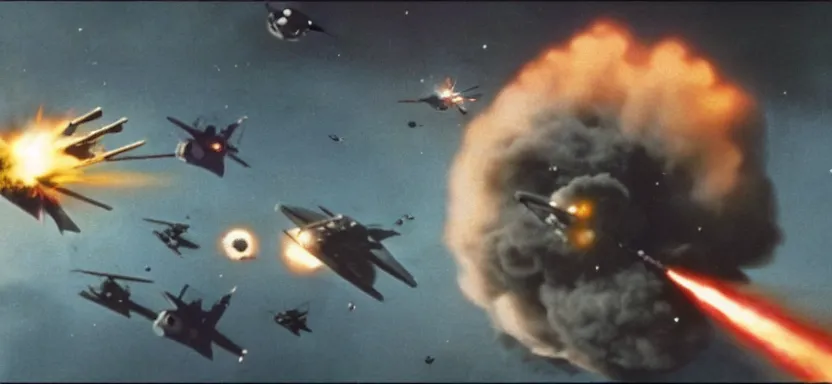Image similar to a film still of an epic ww 2 space battle, explosions, directed by roger corman, wide angle, rule of thirds, colorful, 4 k, hd, hyperrealistic, 7 0 mm