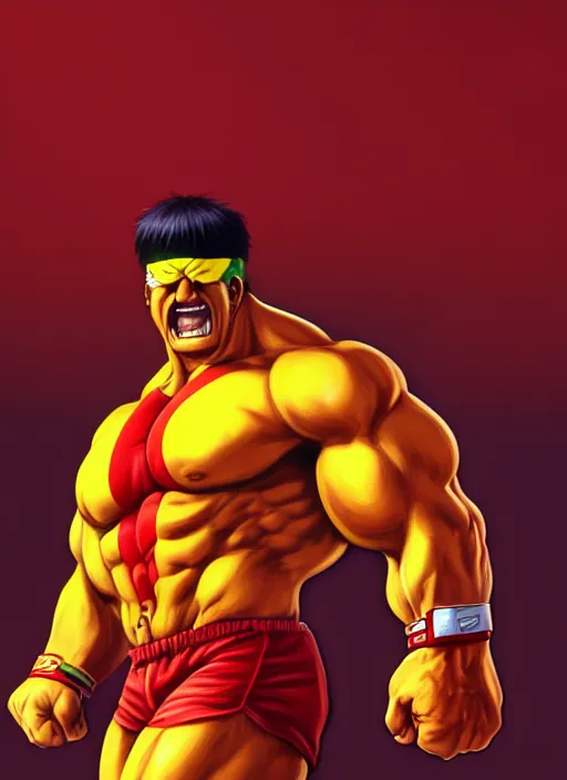 Image similar to wwf hulk hogan 1 9 9 0, wide angle view, red and yellow color scheme, highly detailed, artgerm, cushart krenz, king of fighters style, trending on artstation, soft light, sharp focus, illustration, character design, concept art