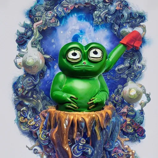 Image similar to plasticine wet shiny angels, crystal, moonlit, mirrors, camera angled dramatically, realistic, a hyperdetailed design of pepe the frog, wearing blue shirt, ferocious, chinese mythology, victo nga, fumo yoshitoshi, ren jing jeong, feifei ruan, peter mohrbacher, takato yamamoto