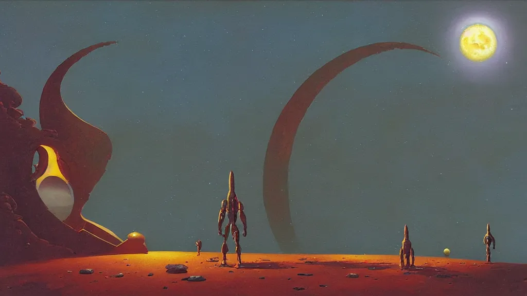 Image similar to mysterious whimsical sculpture of an alien crescent moon by paul lehr and john schoenherr and john harris, cinematic matte painting