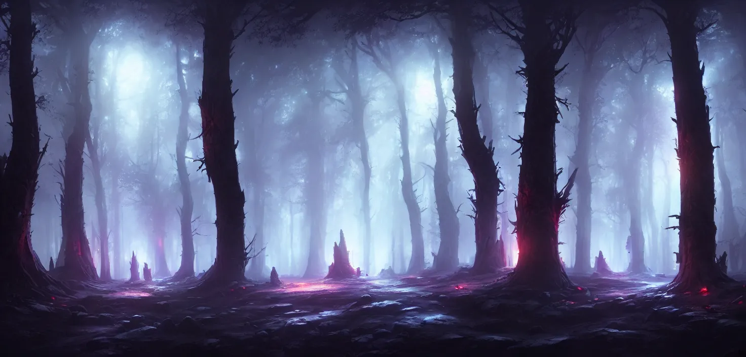 Prompt: concept art inside of the dark wood, cinematic view, epic magic night, detailed, concept art, high detail, warm lighting, volumetric, godrays, vivid, beautiful, trending on artstation, by jordan grimmer, huge scene, art greg rutkowski