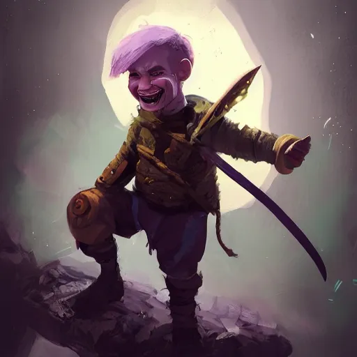 Image similar to male halfling youth adventurer with purple skin, by Ismail Inceoglu, wearing leather adventuring clothes, shabby, short, kid, bald, wielding knife, happy grin, character portrait closeup, digital art, dungeons and dragon, character