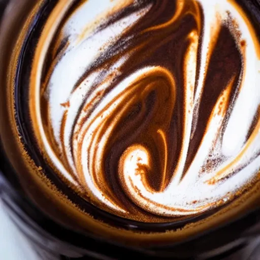 Image similar to close-up of nitro-cold-brew-coffee mixing with cream, perfect turbulence mixing cream-and-coffee, swirled, texture,