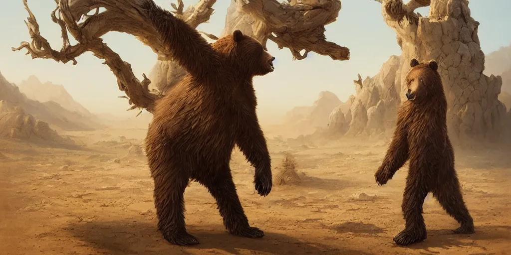 Image similar to a stunning hyperrealistic bear from the movie Annilihation walking through an arid minimalistic desert with harsh noon sunlight with an oasis in the background, award-winning, masterpiece, in the style of Tom Bagshaw, Cedric Peyravernay, Peter Mohrbacher