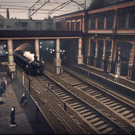 Image similar to a black steam locomotive pulling a train into a Victorian era crowded train station, slight fog, highly detailed, octane render, unreal engine 5