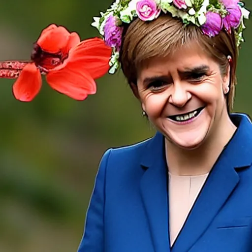 Image similar to nicola sturgeon, happy, with a flower crown