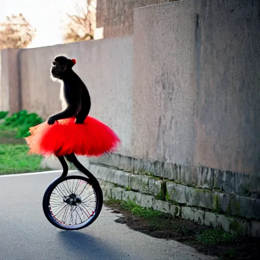 Prompt: photography of a monkey wearing a tutu riding a unicycle