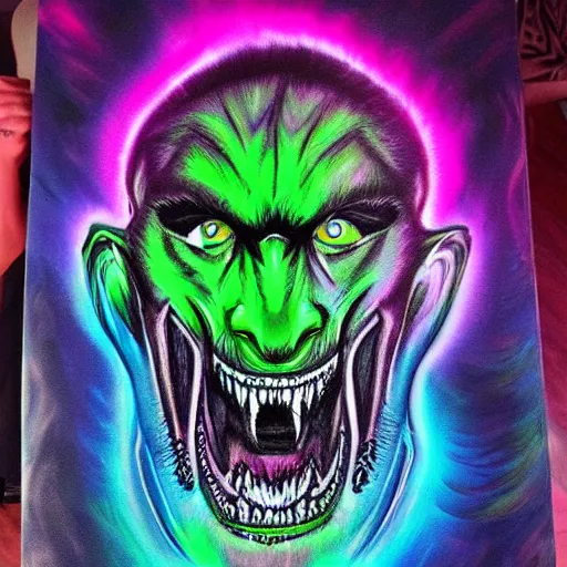 Prompt: psychedelic blacklight airbrush artwork of a stylized orc biker