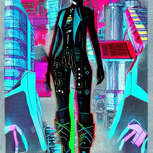 Image similar to cyberpunk outfit, fashion illustration, full body, character sheet, sketch, vivid colour, artistic, rough paper