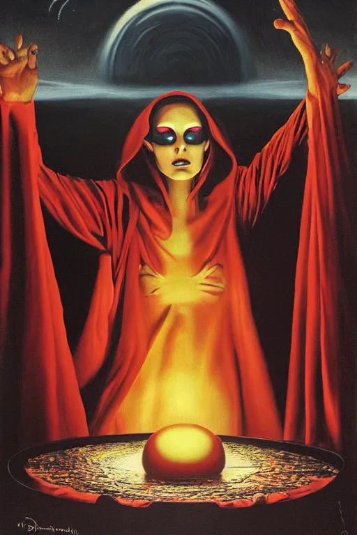 Image similar to gorgeous robed cult girl performing realism third eye ritual, dark theme night time, expanding energy into waves into the ethos, epic surrealism 8k oil painting, portrait, perspective, high definition, post modernist layering, by David A. Hardy, Gerald Brom