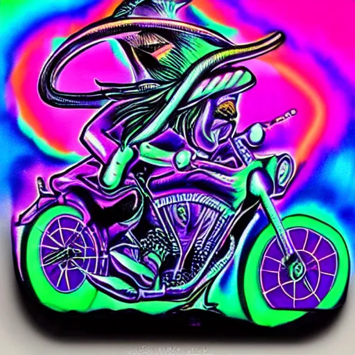 Image similar to psychedelic blacklight airbrush art of an orc riding a motorcycle, stylized, radical 90s, soft edges, smooth gradients,