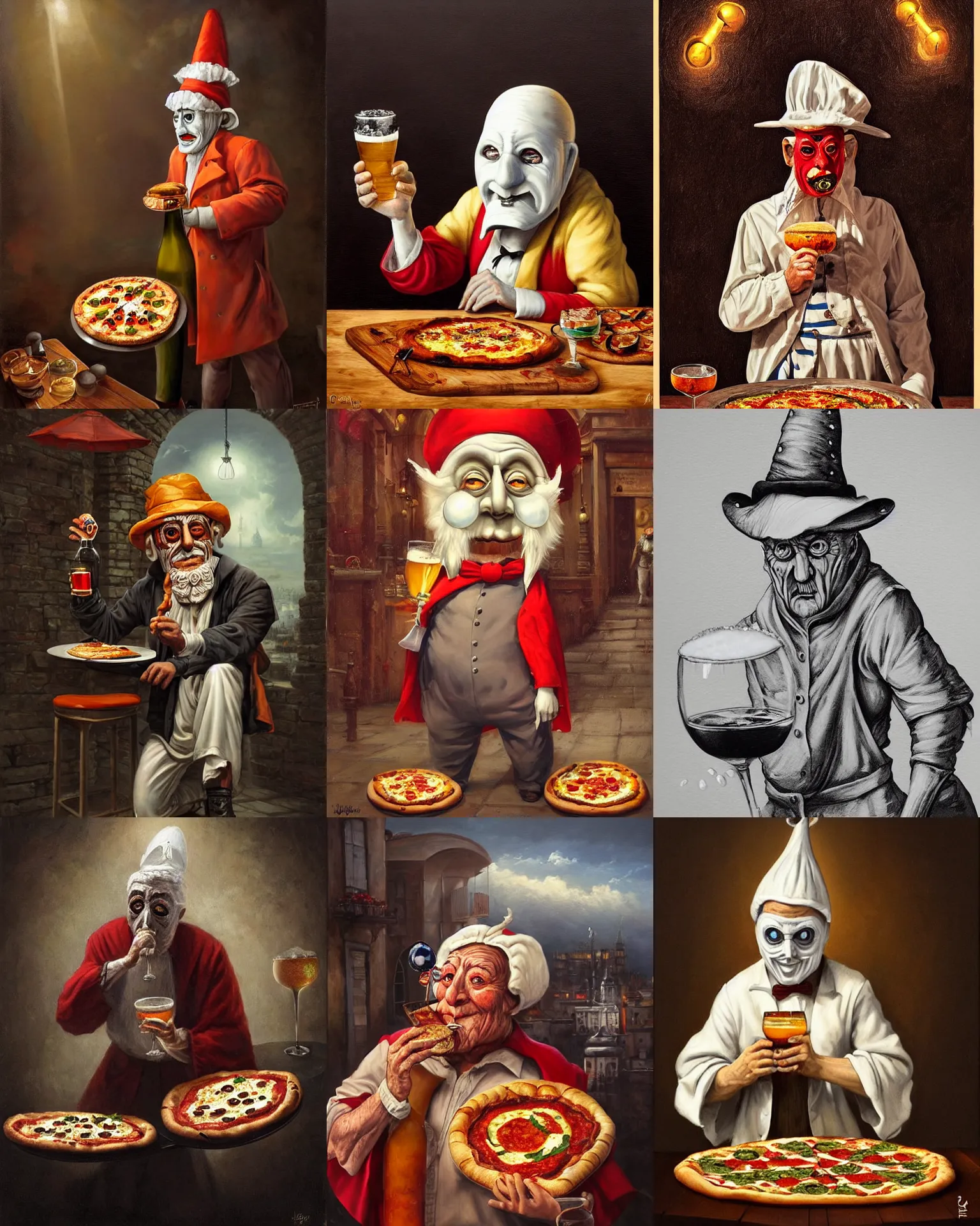 Prompt: mysterious old man wearing a pulcinella mask, with a pizza margherita di napoli and a glass of beer, full body, wide angle, dramatic lighting, highly detailed painting by joe fenton, trending on deviantart, masterpiece