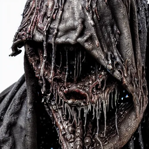 Image similar to photo taken of an epic intricate, ultra detailed, super realistic gritty, wet, slimy, lifelike sculpture of a nightmarish hellish humanoid hooded grim reaper, creature design created by weta workshop, menacing, some zoomed in shots, photorealistic, sharp focus, extremely cold blueish colour temperature, f 0. 4, full body shot