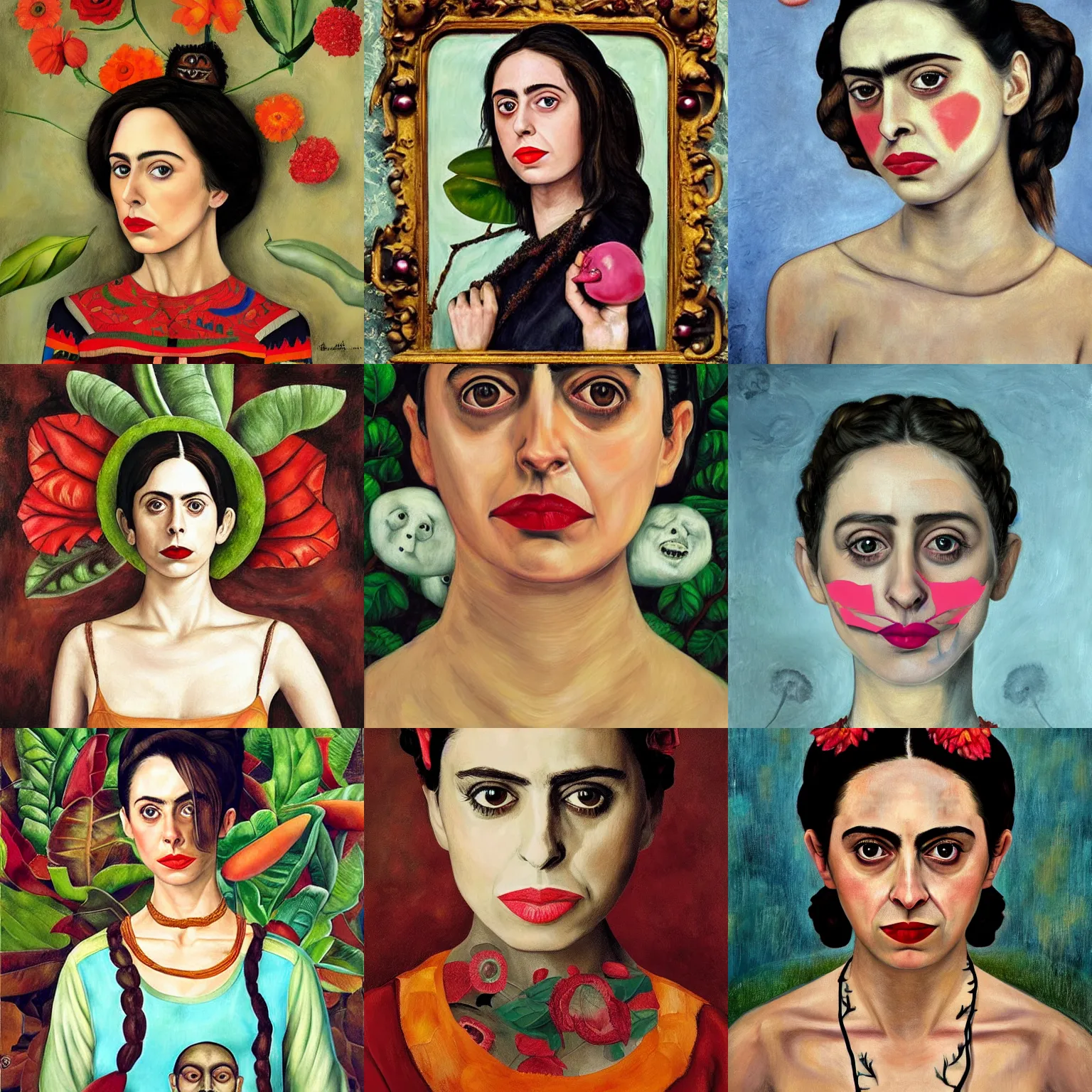 Prompt: Alison Brie surreal portrait by Frida Kahlo