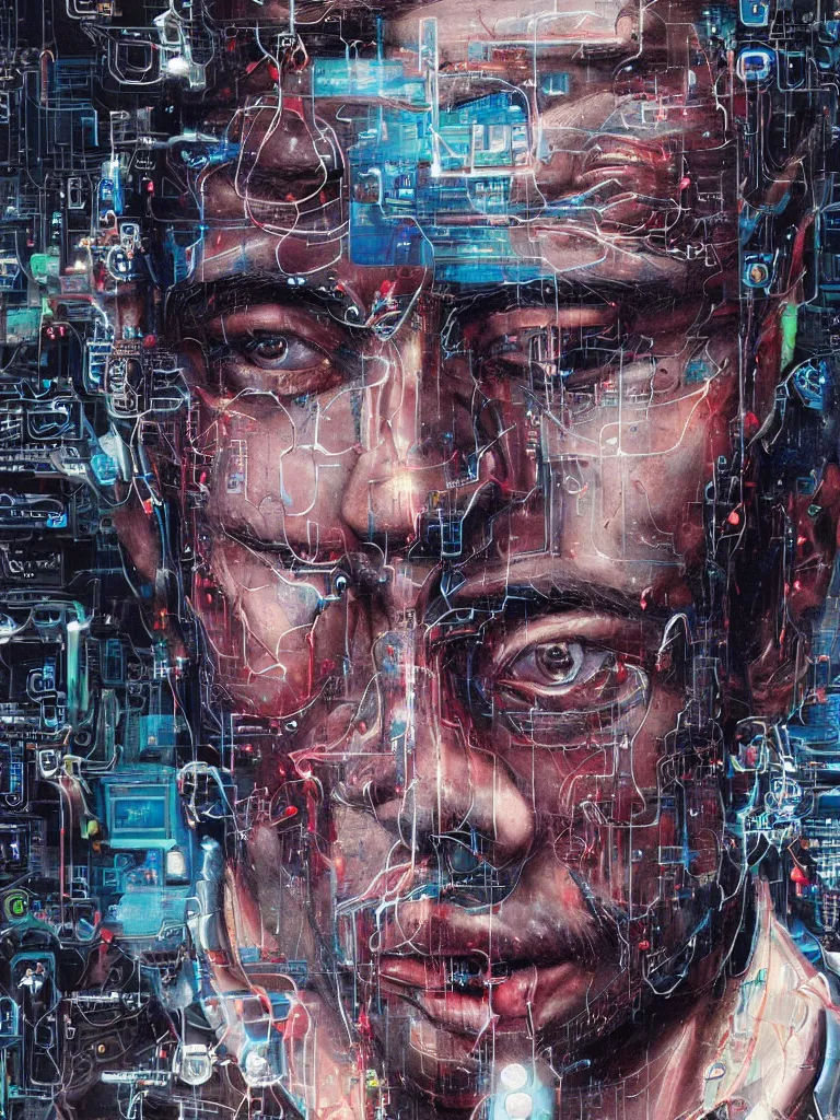 Prompt: portrait of computer & circuits, melting, tony stark, 8 k, by tristan eaton, stanley artgermm, tom bagshaw, greg rutkowski, carne griffiths, ayami kojima, beksinski, giger, trending on deviantart, face enhance, hyper detailed, minimalist, cybernetic, android, blade runner, full of colour, super detailed