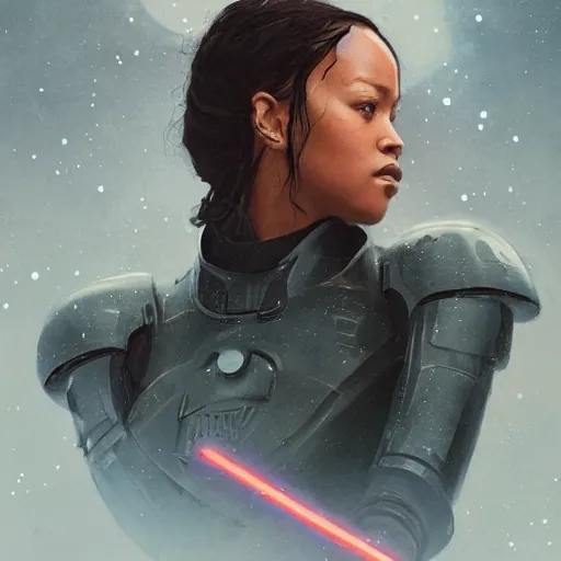 Image similar to star wars with lord Rihanna profile picture by Greg Rutkowski, intricate details, futuristic, volumetric lights, streetwear, studio ghibli, Organic Painting , Matte Painting, geometric shapes, hard edges, trending on the artstation, fantasy LUT, realistic by Sachin Teng + Martin Grip + Moebius + Patrick Gleason, smooth, sharp focus, illustration, art by John Collier and Albert Aublet and Krenz Cushart and Artem Demura and Alphonse Mucha, techwear, Industrial Scifi, detailed illustration, character portrait,