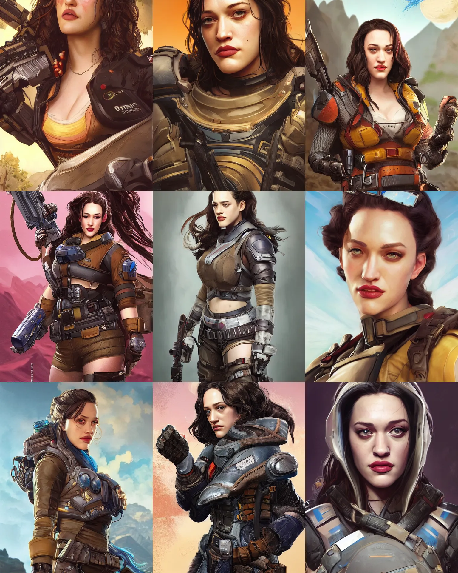 Prompt: Kat Dennings as an Apex Legends character digital illustration portrait design by, Mark Brooks and Brad Kunkle detailed, gorgeous lighting, wide angle action dynamic portrait