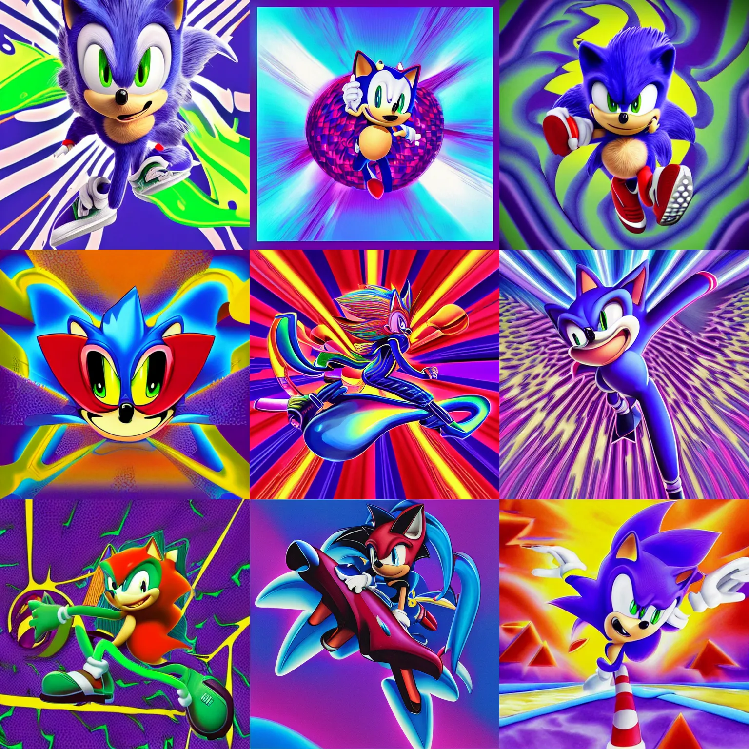 Prompt: surreal, sharp, detailed professional, high quality airbrush art MGMT album cover of a liquid dissolving LSD DMT sonic the hedgehog on a flat purple checkerboard plane, 1990s 1992 prerendered graphics raytraced phong shaded album cover