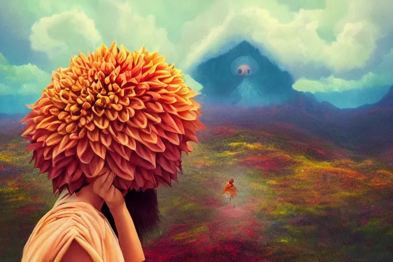 Image similar to face covered giant dahlia flower, girl on mountain, surreal photography, blue storm clouds, dramatic light, impressionist painting, digital painting, artstation, simon stalenhag