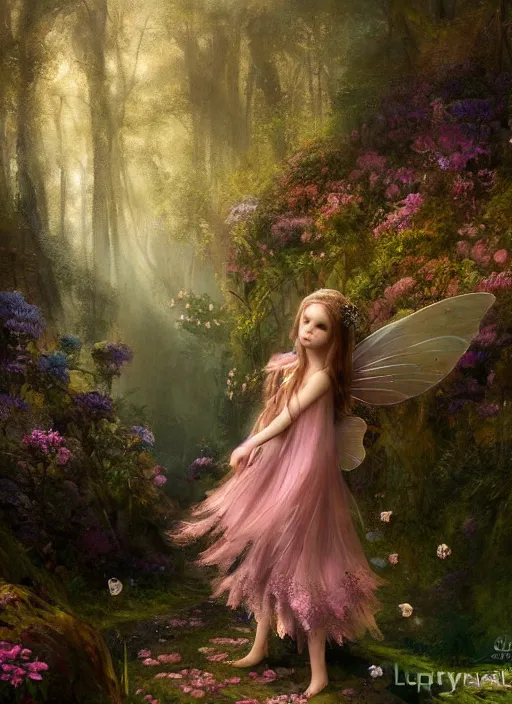 Prompt: breathtaking detailed soft painting of a little fairy princess in the distance of a luxurious dawn forest by loputyn, art by matcha, gauze dress of stained glass embers floating around, detailed realistyc symmetrical facial features, amalgamation of leaves and flowers, 8k, concept art, matte, sharp focus, rembrandt style