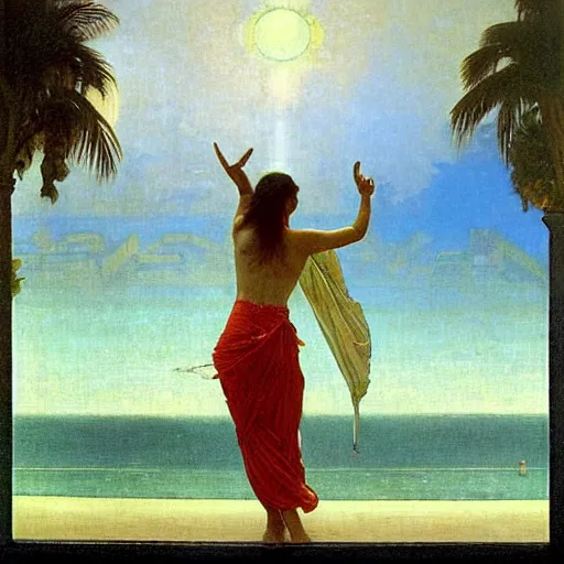 Image similar to Girl throwing gand signs at the palace, thunderstorm, pool, beach and palm trees on the background major arcana sky, by paul delaroche, alphonse mucha and arnold böcklin arnold böcklin hyperrealistic 8k, very detailed