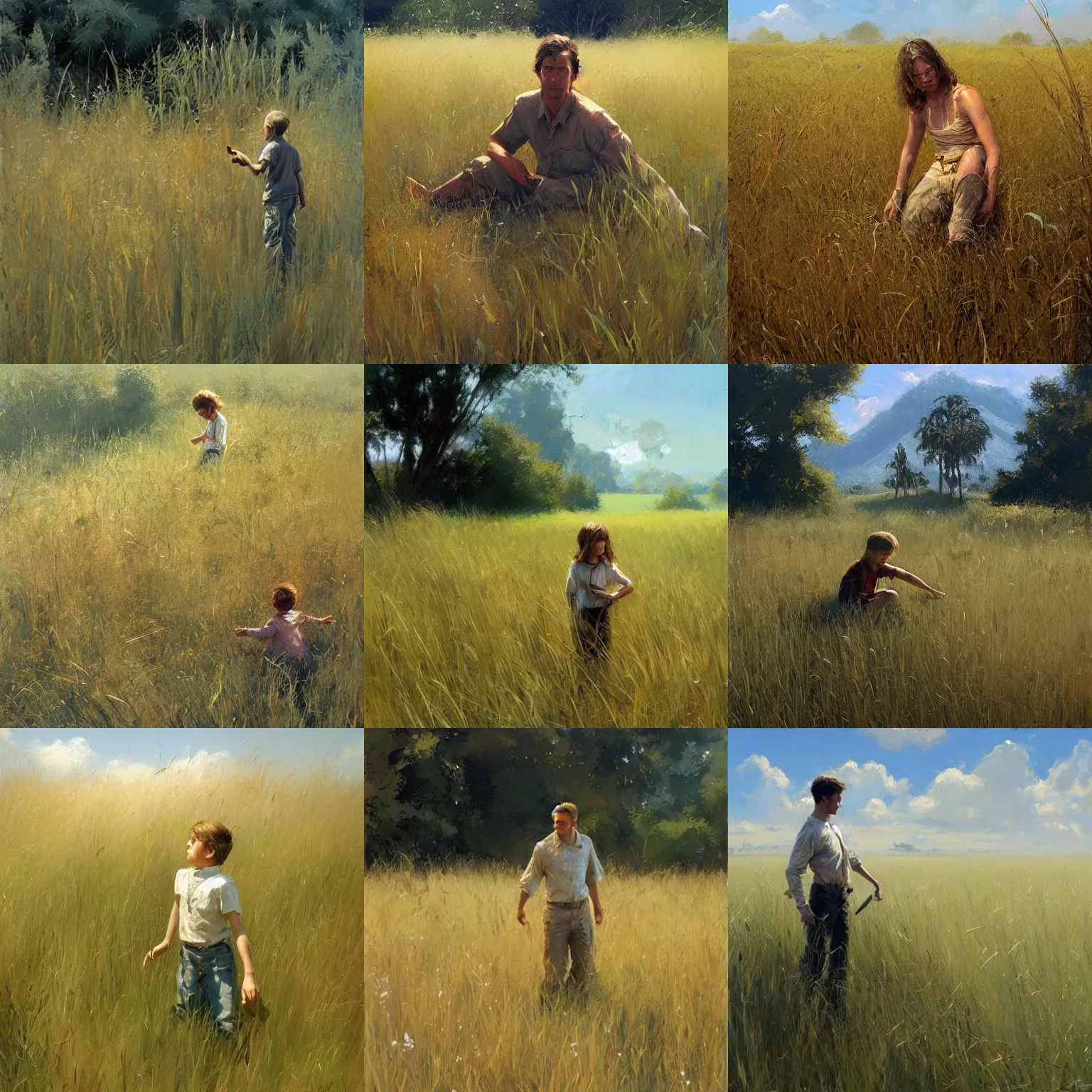 Prompt: shrunk human in tall grass, painting by Craig Mullins,