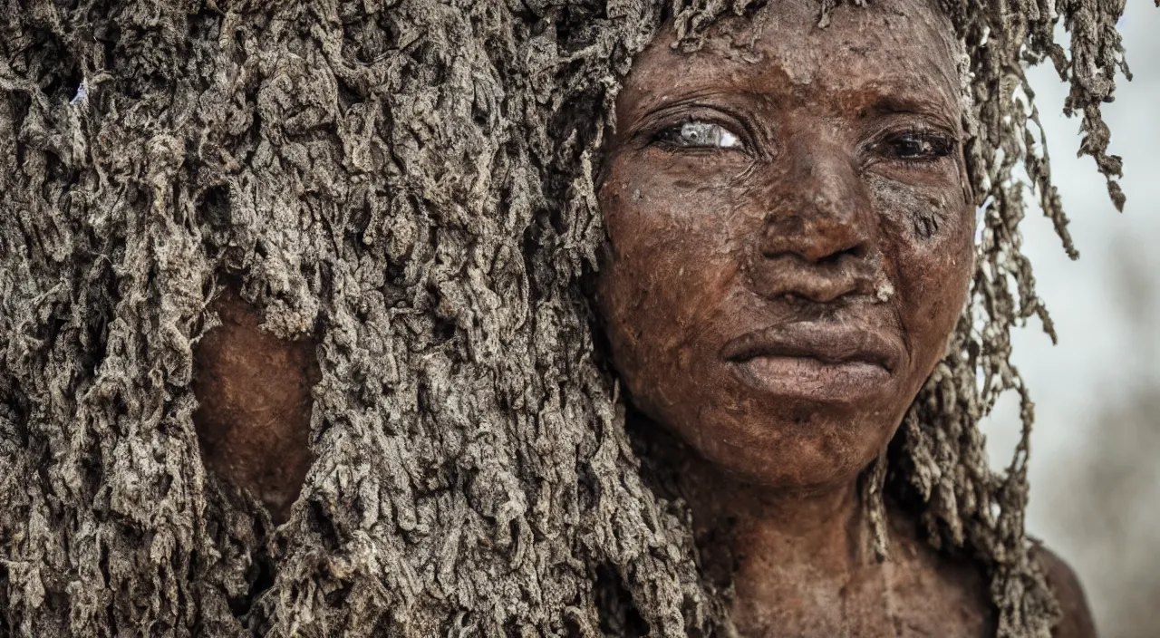 Image similar to close-up of a crying ancient dried up Oshun, peaceful, facing the camera and standing in front of a dried up river in a desolate land, dead trees, blue sky, hot and sunny, highly-detailed, elegant, dramatic lighting, artstation, 4k, cinematic landscape, photograph by Elisabeth Gadd