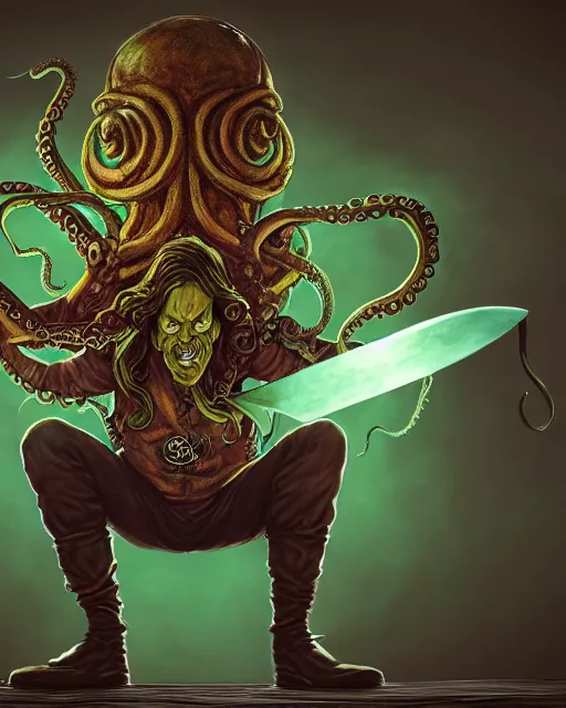Prompt: An epic fantasy comic book style full body portrait painting of an octopus man, very angry, evil, smirk, brown long hair, wearing a metallica shirt and green shorts, holding an torpedo in his hand, standing on a skateboard, character design by Mark Ryden and Pixar and Hayao Miyazaki, unreal 5, DAZ, hyperrealistic, octane render, cosplay, RPG portrait, dynamic lighting, intricate detail, summer vibrancy, cinematic