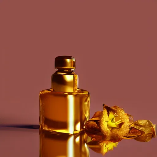 Image similar to perfume bottle lying in a golden puddle of rich honey, honeycomb, and gold lillies, path traced, environment, up close shot, zen white minimalist background