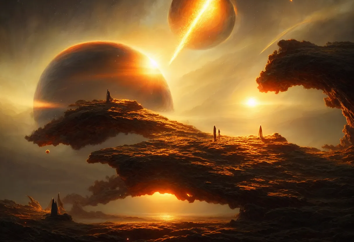 Image similar to beautiful render, planet earth atmosphere against sun with approaching burning meteorite cluster, fantasy, intricate, elegant, highly detailed, digital painting, artstation, concept art, smooth, sharp focus, octane render, dramatic lighting, art by artgerm and greg rutkowski and alphonse mucha and wlop