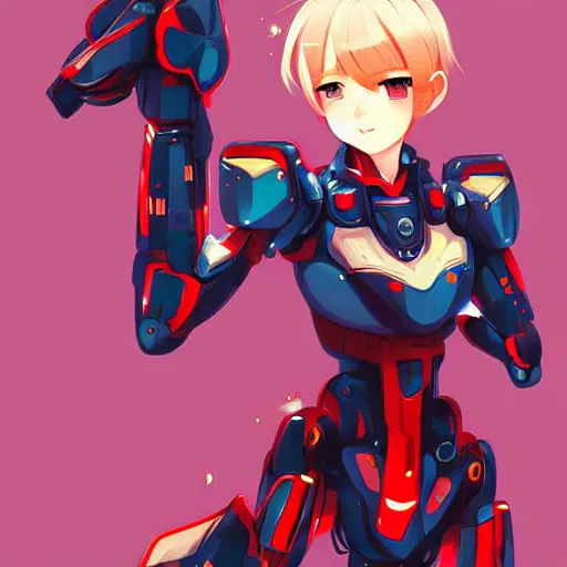 Image similar to digital anime art. full body. cute girl red mech arms and mech legs. blue eyes. gold short hair. wlop, rossdraws, sakimimichan